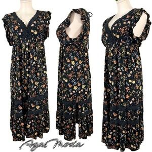 Saltwater Luxe Floral Black Midi  Dress with Flouncy Sleeves